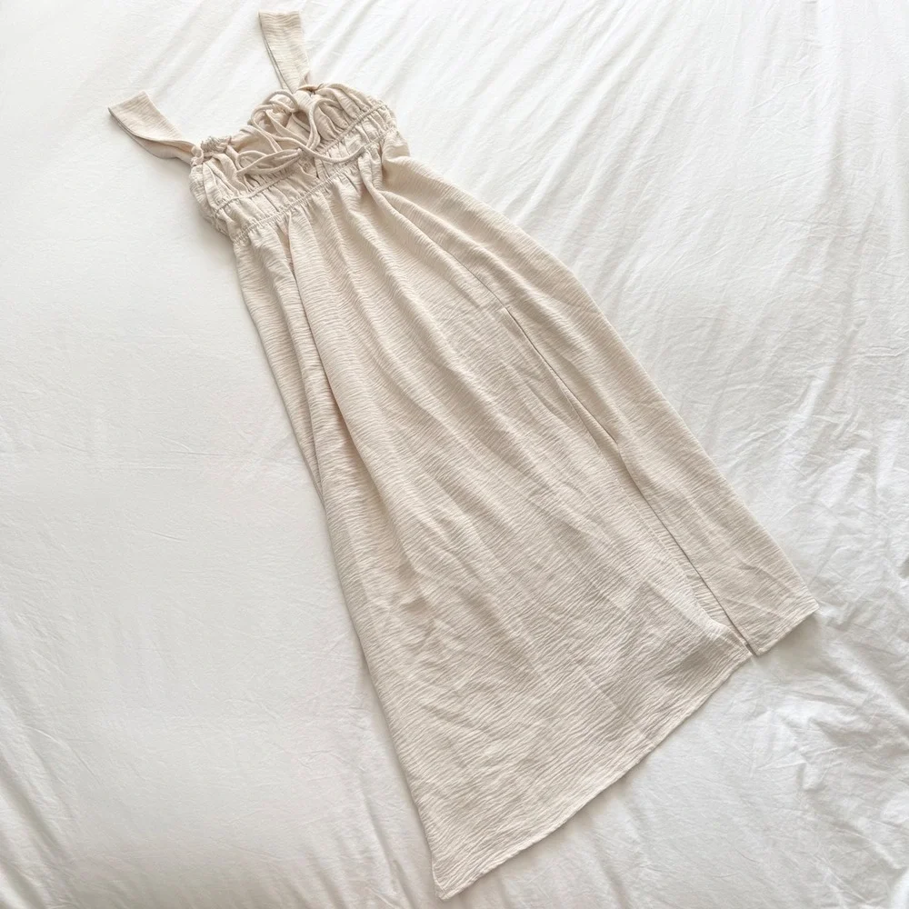 The Frolic Cream Ruched Tie Front Maxi Dress US 2 Side Slit - Picture 2 of 8